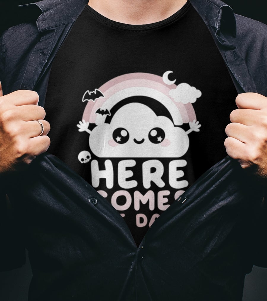 Here Comes The Dark Cute Cloud Rainbow Bats Moon And Stars T-Shirt