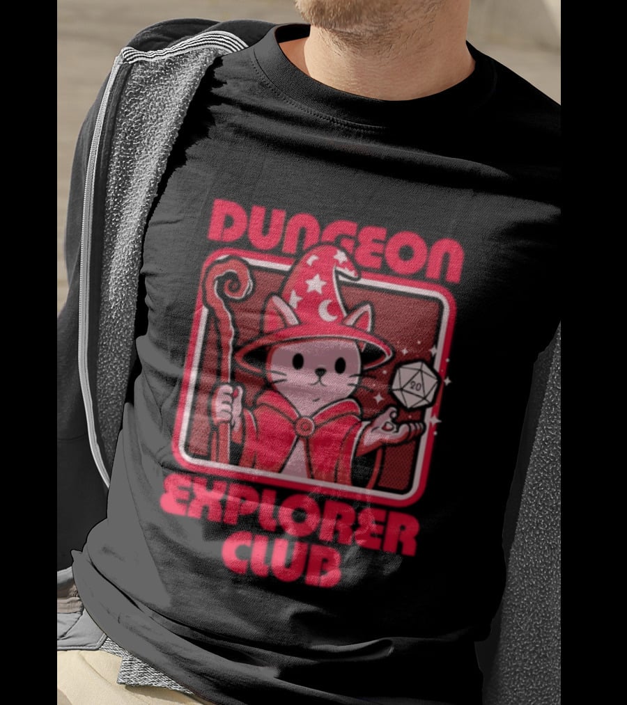 Dungeon Explorer Club Wizard Cat With D20 Dice Magic Wand T-Shirt