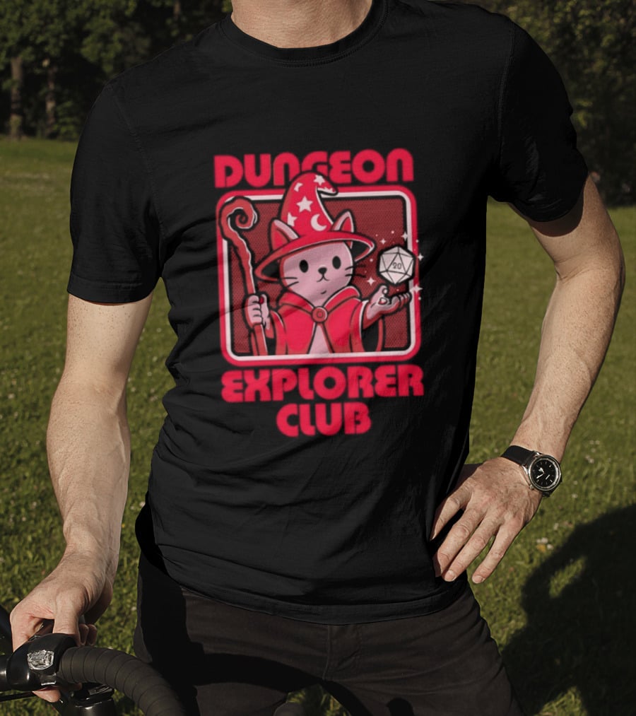 Dungeon Explorer Club Wizard Cat With D20 Dice Magic Wand T-Shirt