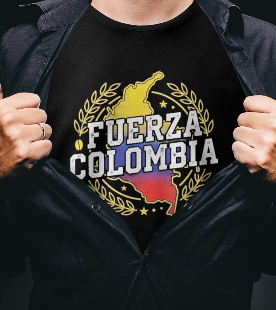 Fuerza Colombia Map Yellow Blue Red Laurel And Stars T-Shirt