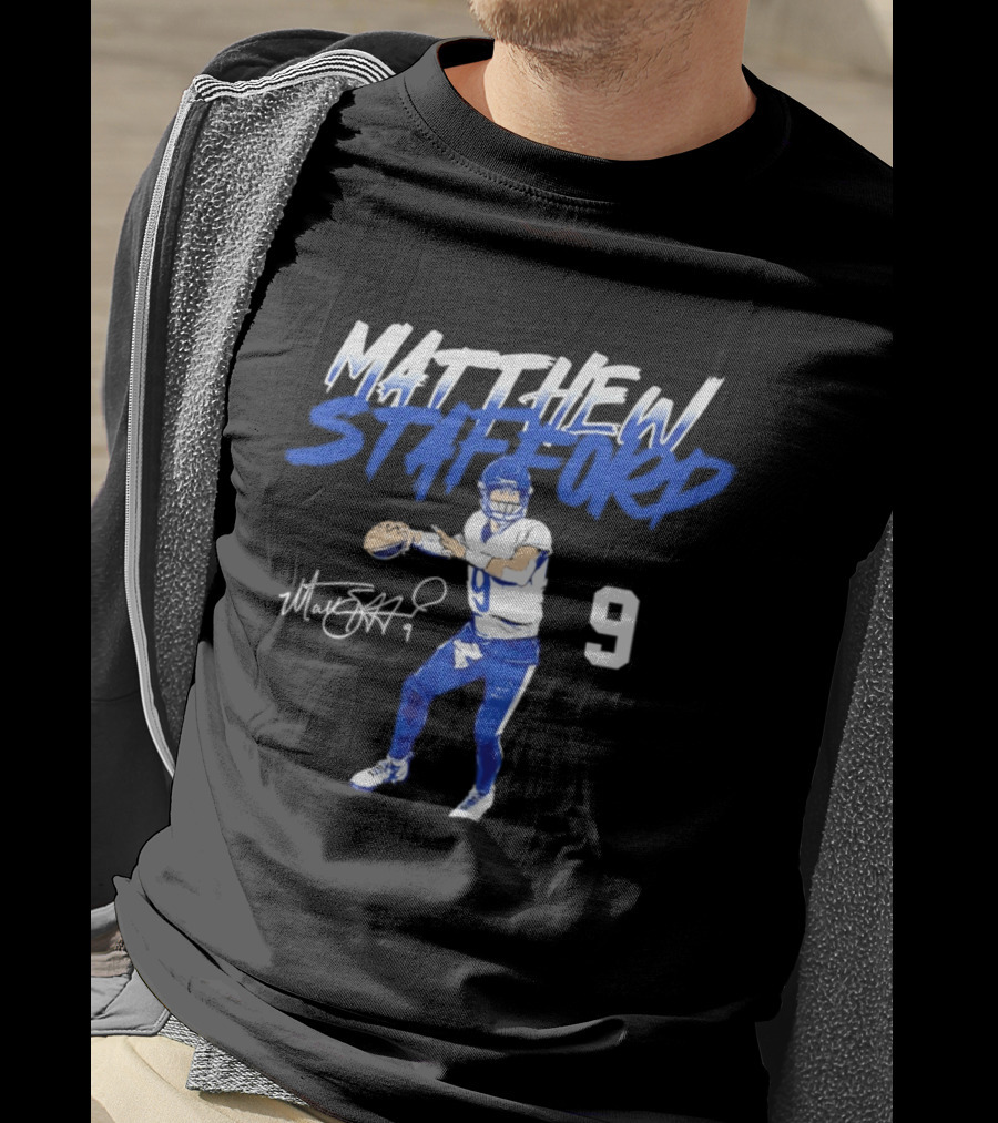 Matthew Stafford 9 Autograph Los Angeles Rams Quarterback Action Pose T-Shirt
