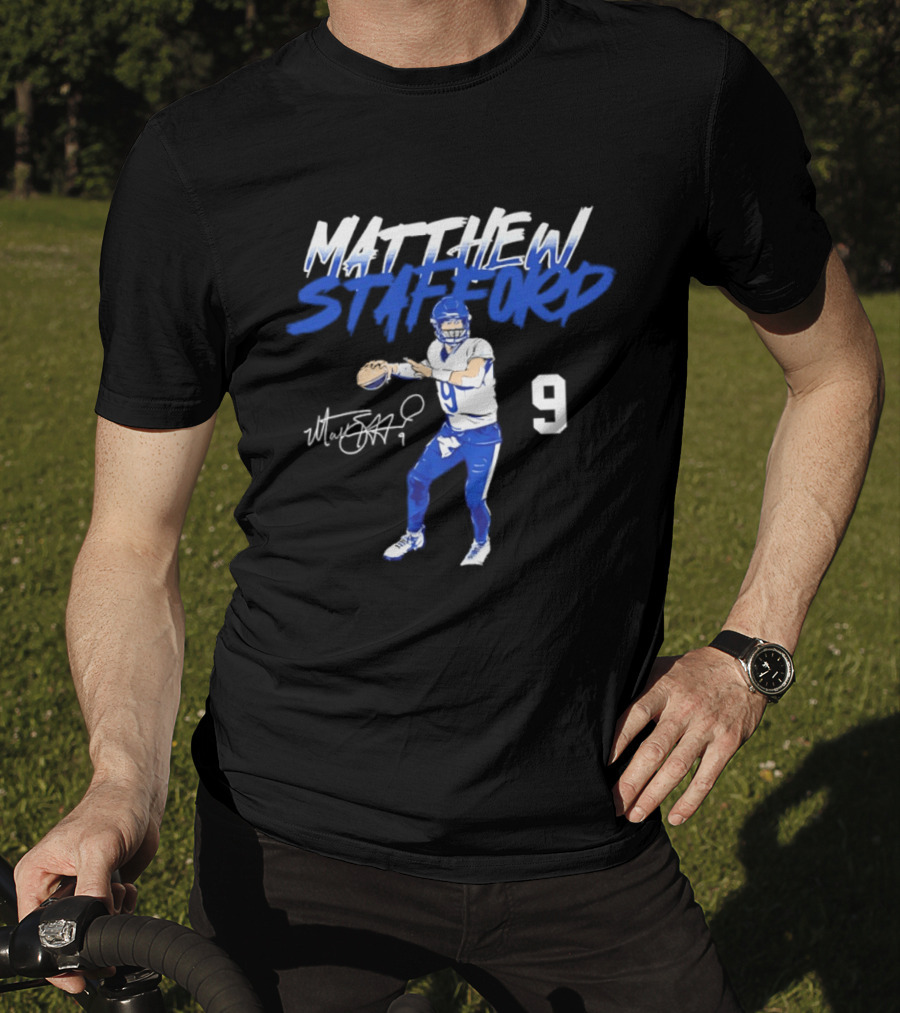 Matthew Stafford 9 Autograph Los Angeles Rams Quarterback Action Pose T-Shirt