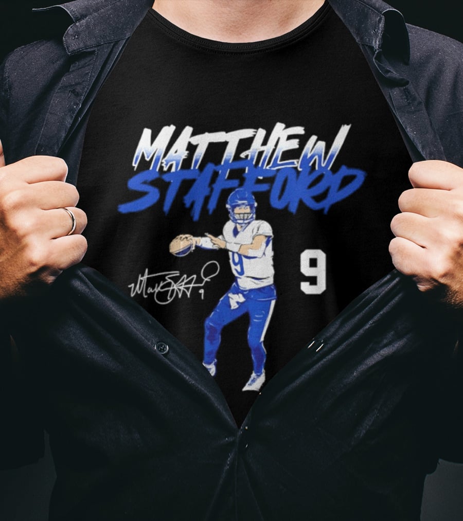 Matthew Stafford 9 Autograph Los Angeles Rams Quarterback Action Pose T-Shirt