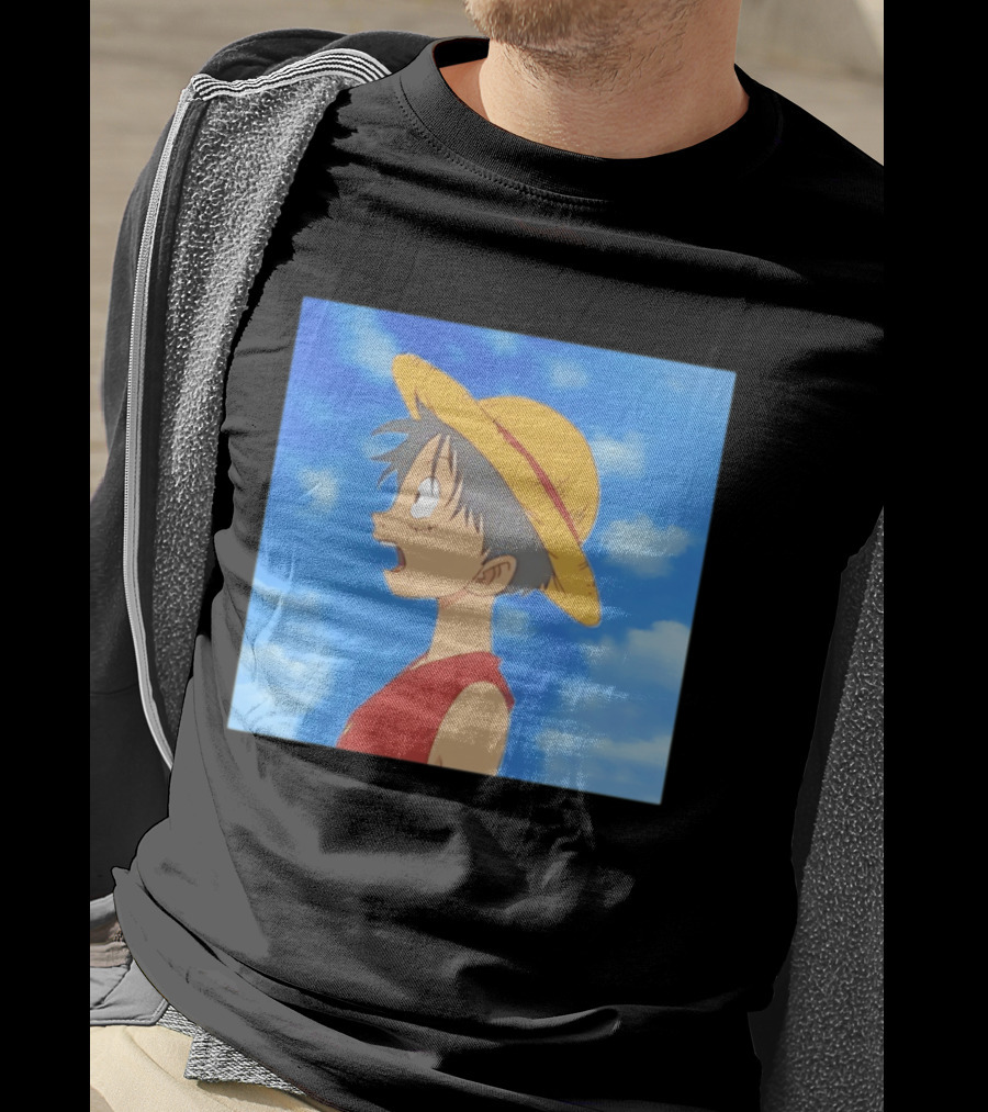 Monkey D Luffy Sky Gazing Red Vest Yellow Straw Hat Anime Scene Clouds Blue Sky T-Shirt