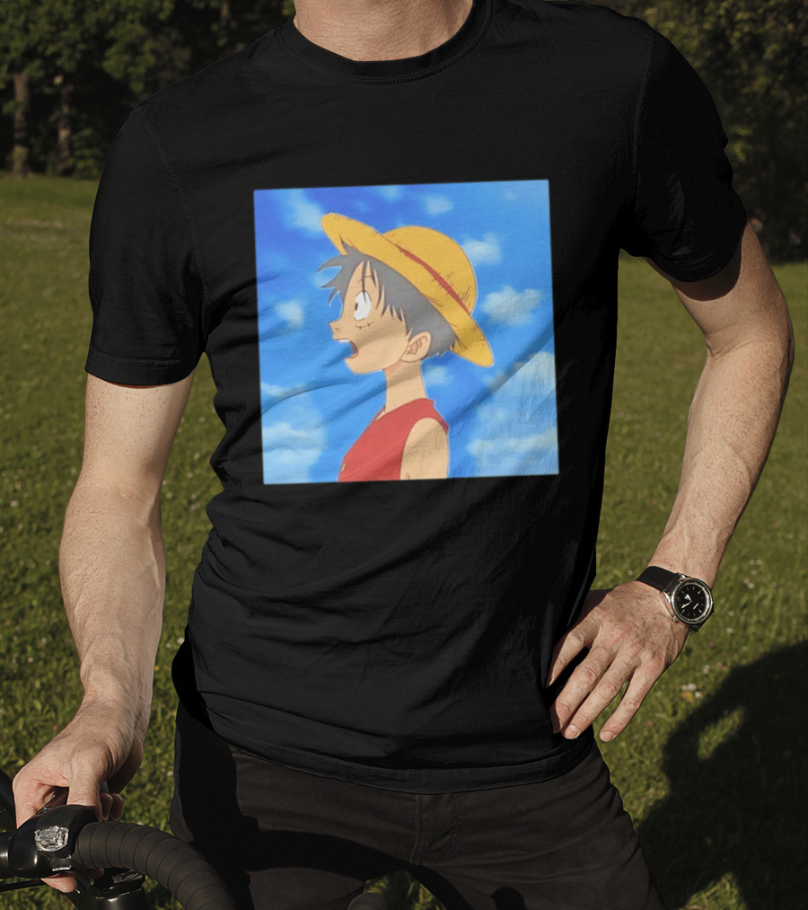 Monkey D Luffy Sky Gazing Red Vest Yellow Straw Hat Anime Scene Clouds Blue Sky T-Shirt
