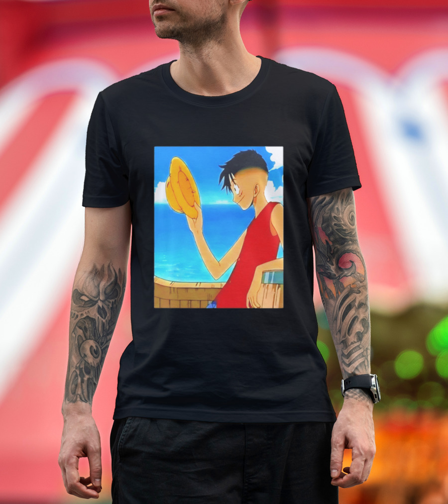 One Piece Luffy Taper Fade Anime Manga Straw Hat Ocean Scene T-Shirt