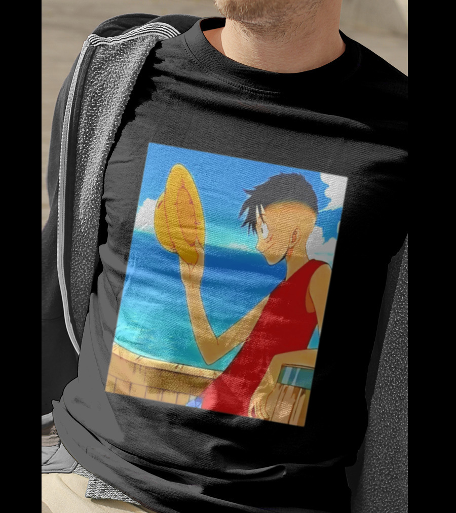 One Piece Luffy Taper Fade Anime Manga Straw Hat Ocean Scene T-Shirt