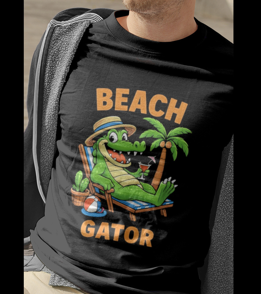 Beach Gator Tropical Alligator Vacation Relaxing With Cocktail Palm Tree T-Shirt