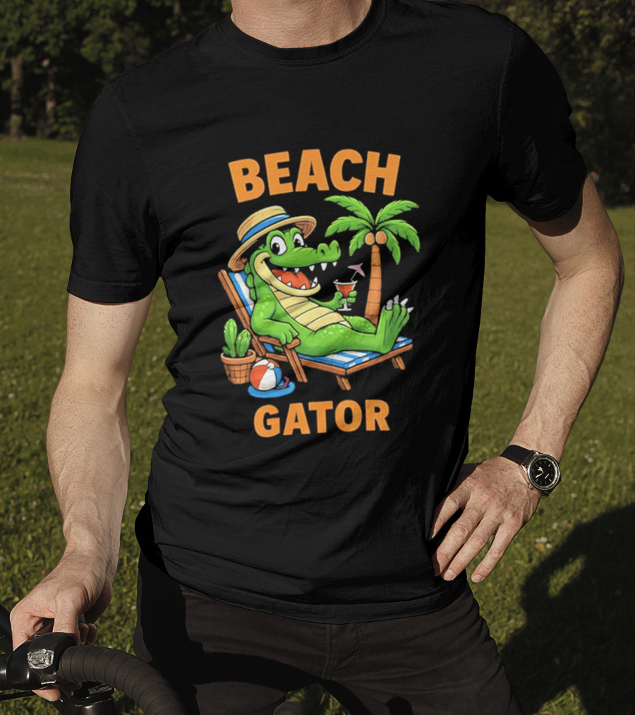 Beach Gator Tropical Alligator Vacation Relaxing With Cocktail Palm Tree T-Shirt
