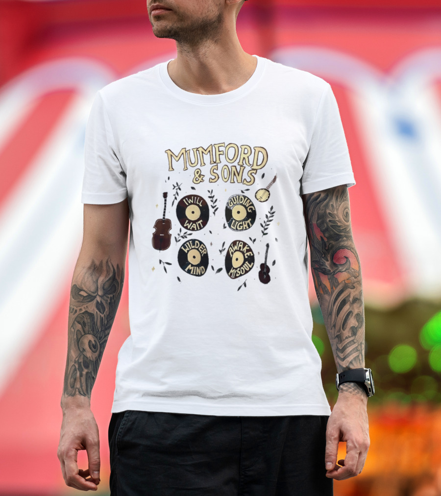 Mumford And Sons I Will Wait Guiding Light Wilder Mind Awake My Soul Vinyl Record Banjo Guitar T-Shirt