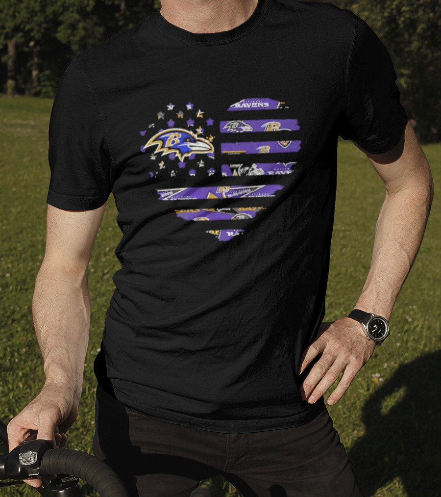 Baltimore Ravens 2026 Season American Flag Heart Ravens Logo Stars Stripes T-Shirt
