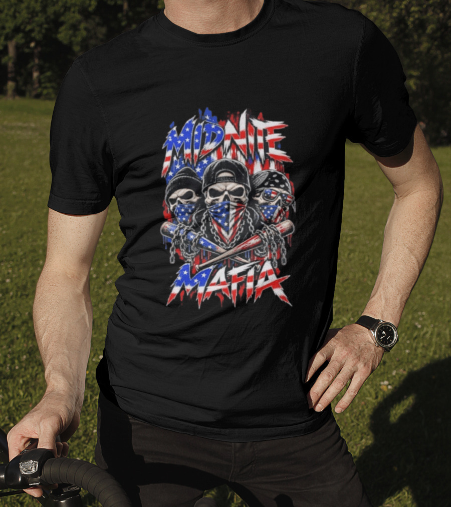 Midnite Mafia Skulls American Flag Bandanas Baseball Bats Chains T-Shirt
