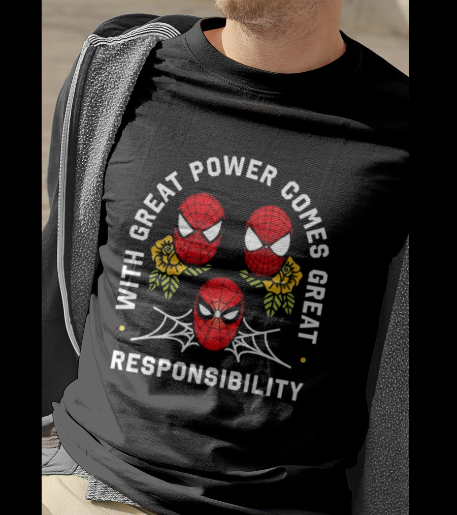 With Great Power Comes Great Responsibility Spider Man Masks Webs Flowers T-Shirt