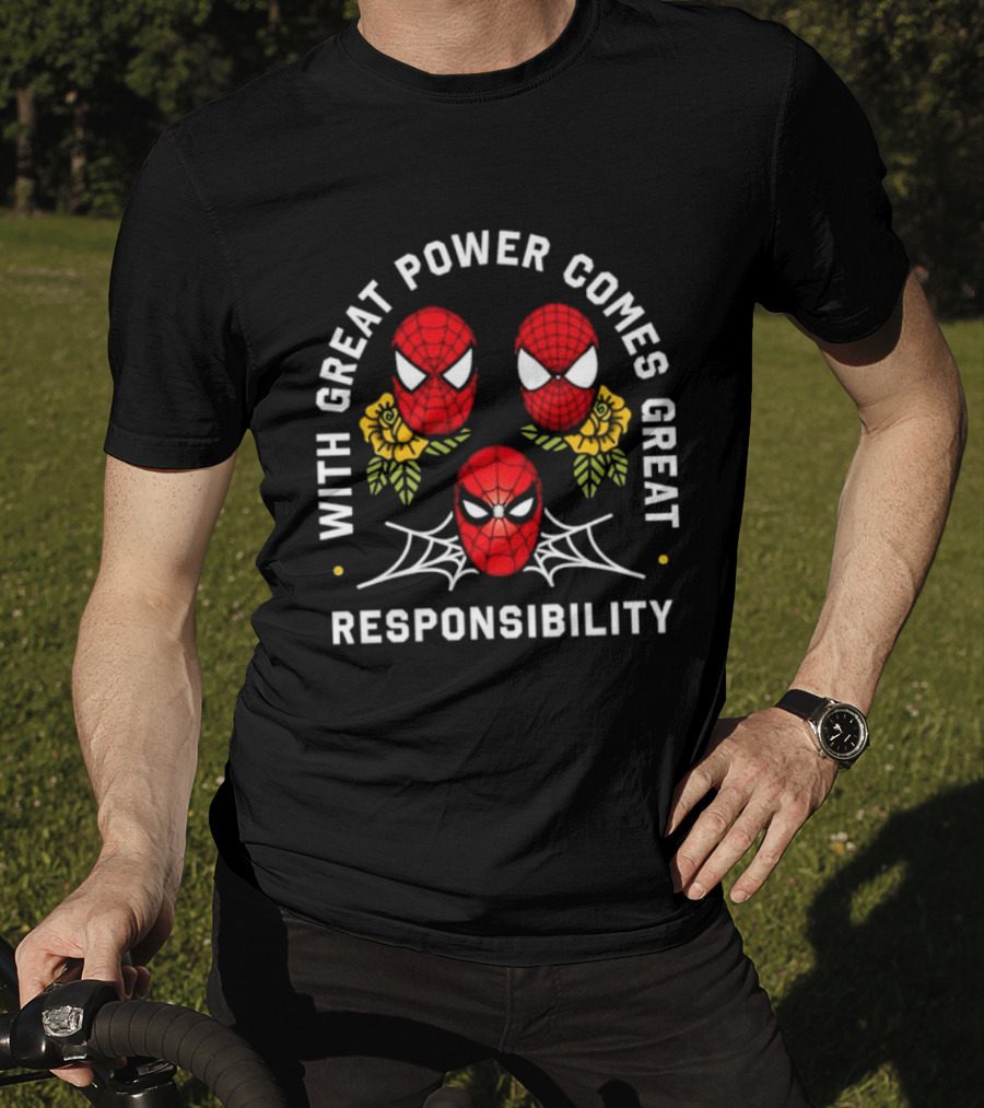 With Great Power Comes Great Responsibility Spider Man Masks Webs Flowers T-Shirt