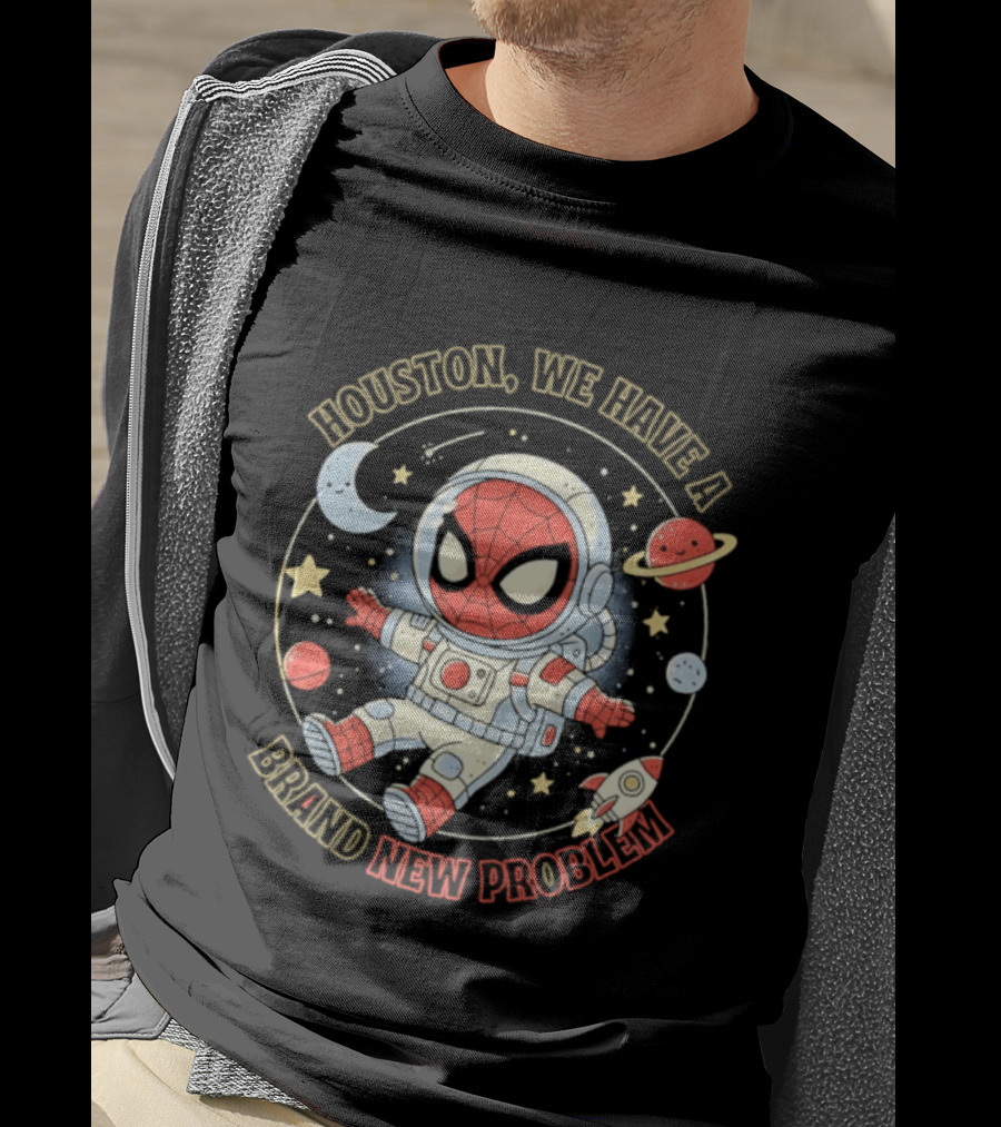 Houston We Have A Brand New Problem Spider Man Astronaut Moon Stars Planets T-Shirt