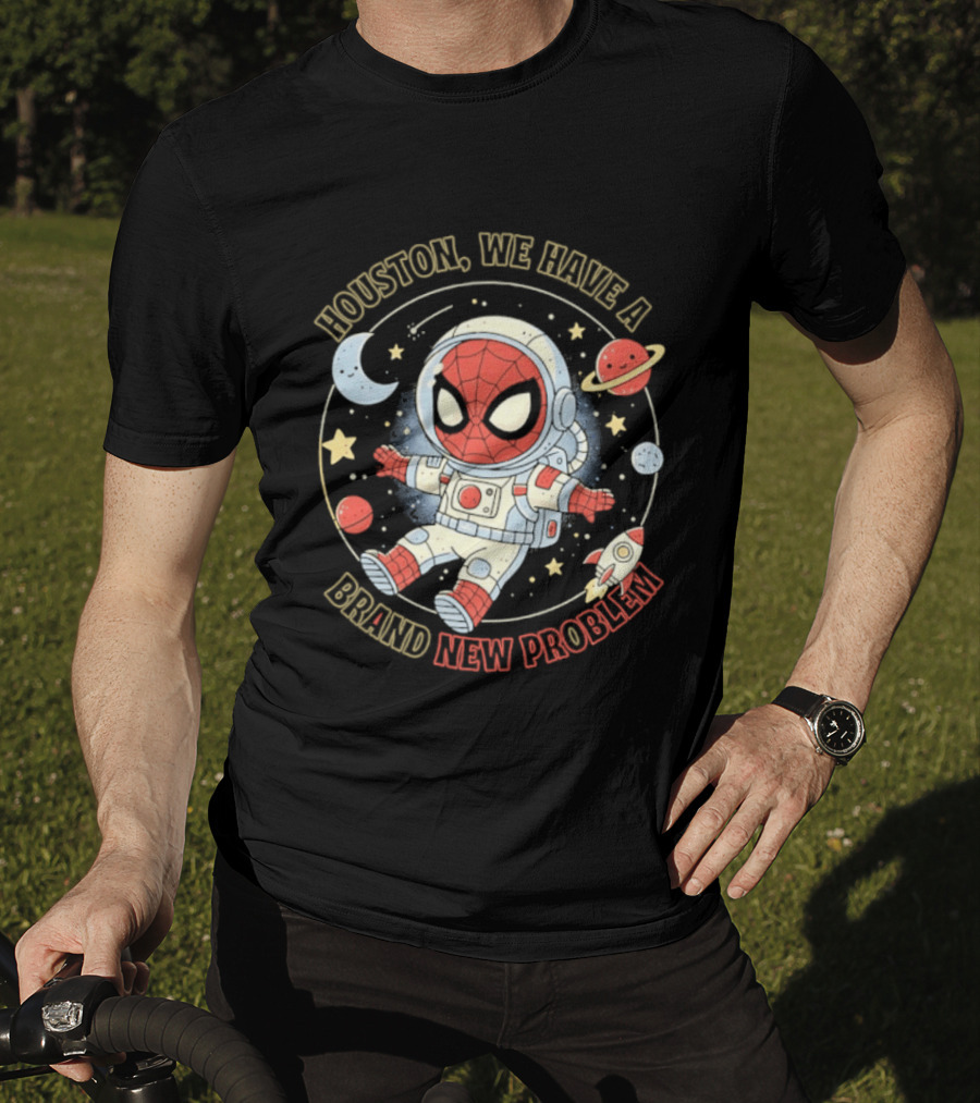 Houston We Have A Brand New Problem Spider Man Astronaut Moon Stars Planets T-Shirt