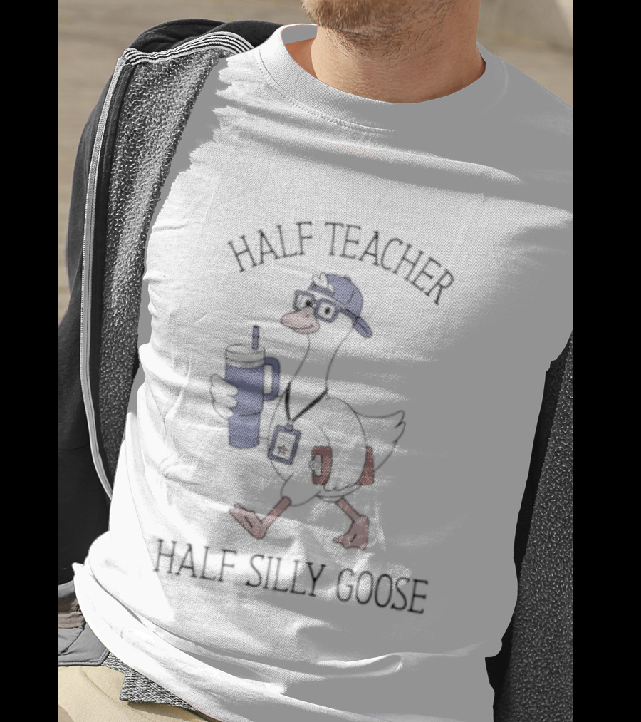 Half Teacher Half Silly Goose Funny Cartoon Duck With Coffee And School Supplies T-Shirt