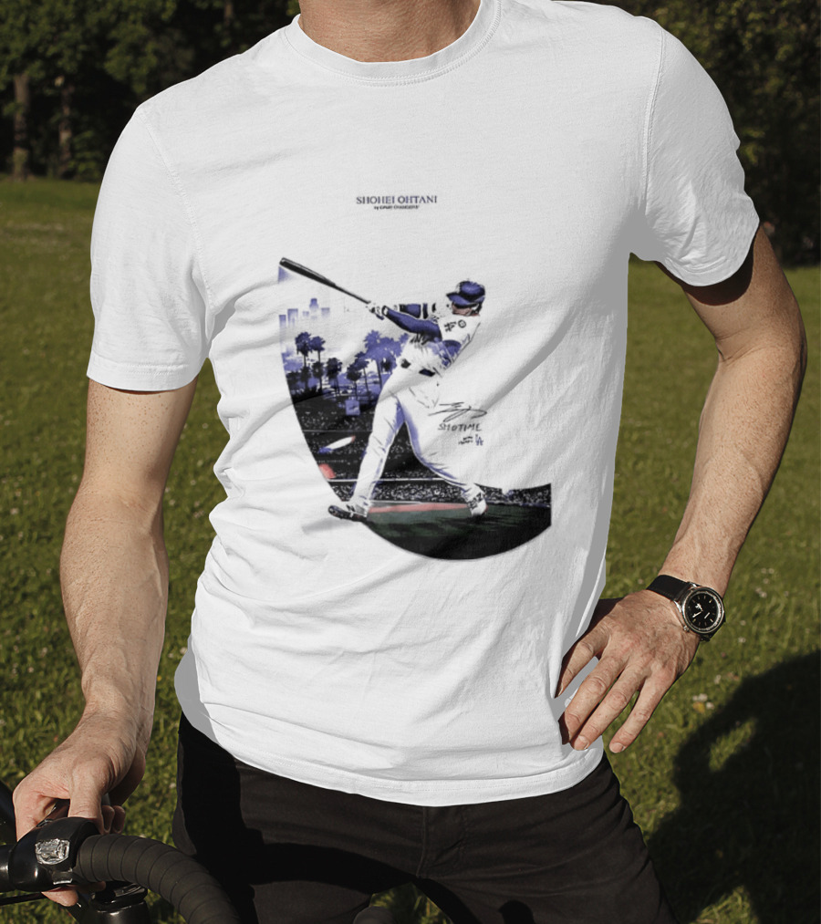 Shohei Ohtani 17 Los Angeles Angels MLB Slugger Swing Two Sided T-Shirt