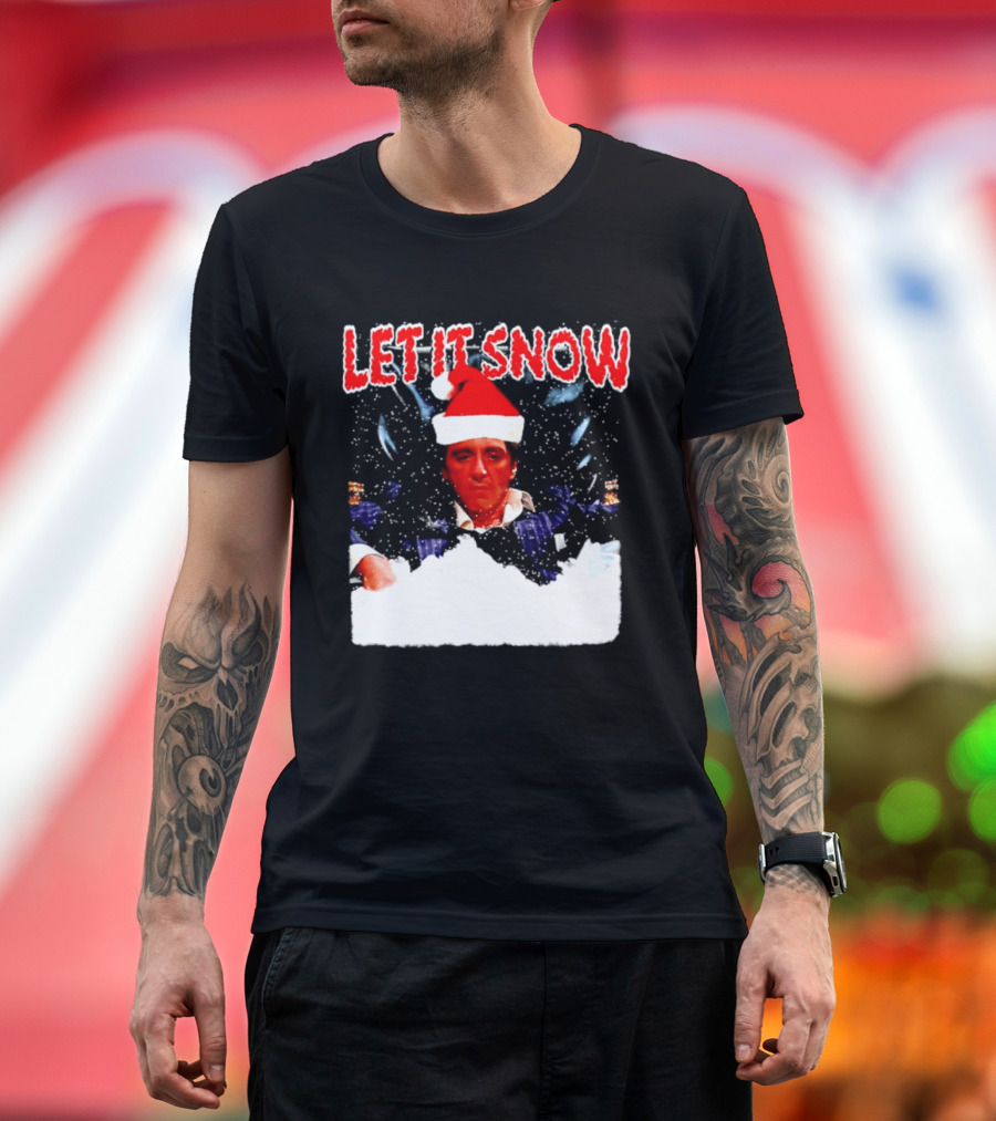 Let It Snow Al Pacino Scarface Tony Montana Snowflakes Santa Hat T-Shirt