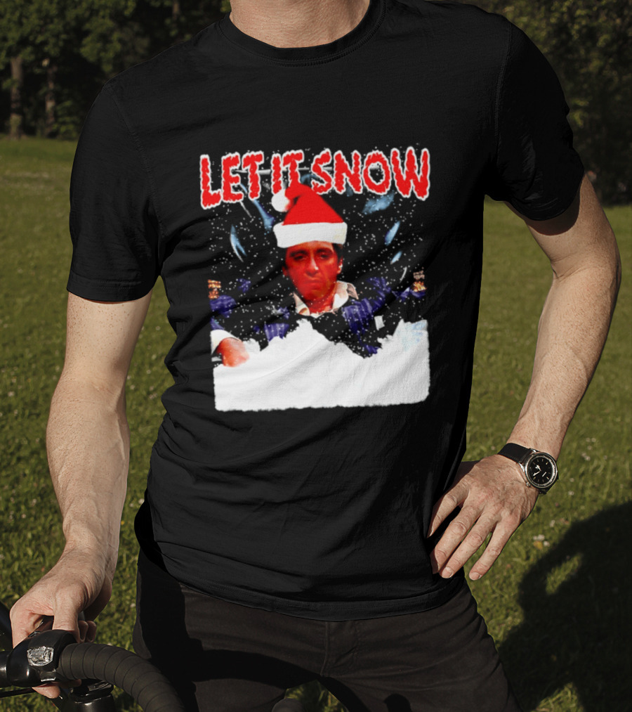 Let It Snow Al Pacino Scarface Tony Montana Snowflakes Santa Hat T-Shirt