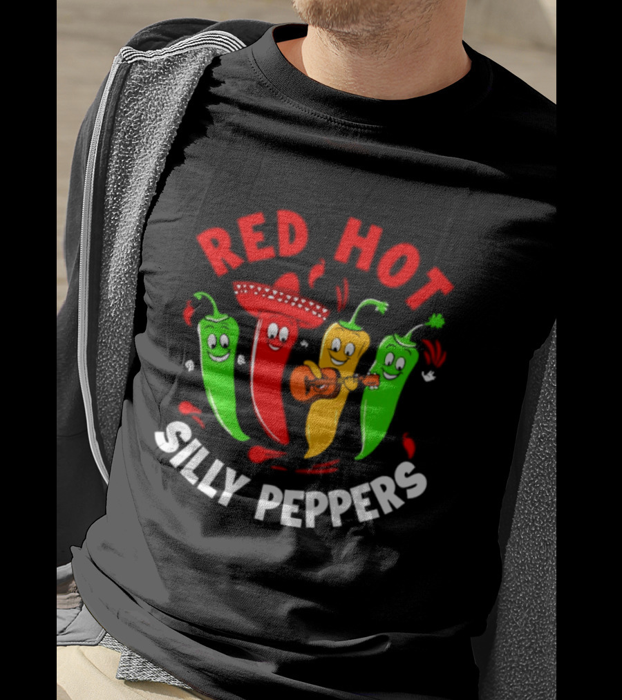 Red Hot Silly Peppers Band With Colorful Chili Cartoon Characters Playing Guitar T-Shirt