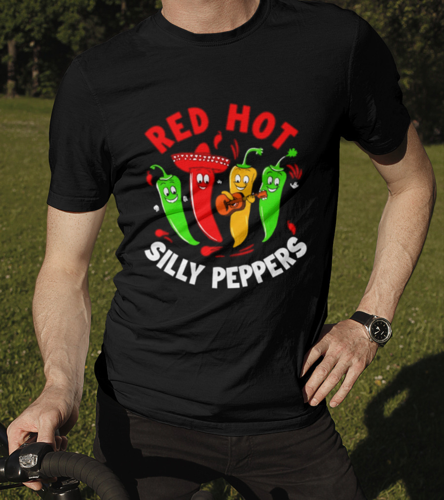 Red Hot Silly Peppers Band With Colorful Chili Cartoon Characters Playing Guitar T-Shirt