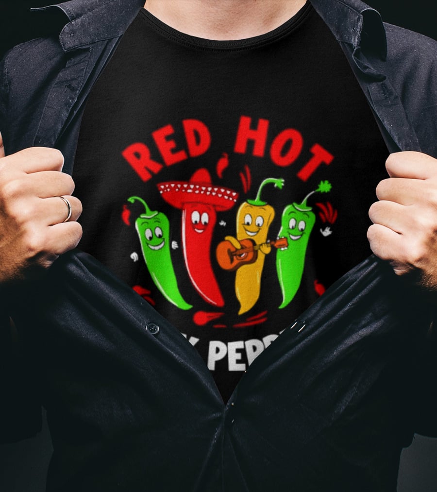 Red Hot Silly Peppers Band With Colorful Chili Cartoon Characters Playing Guitar T-Shirt