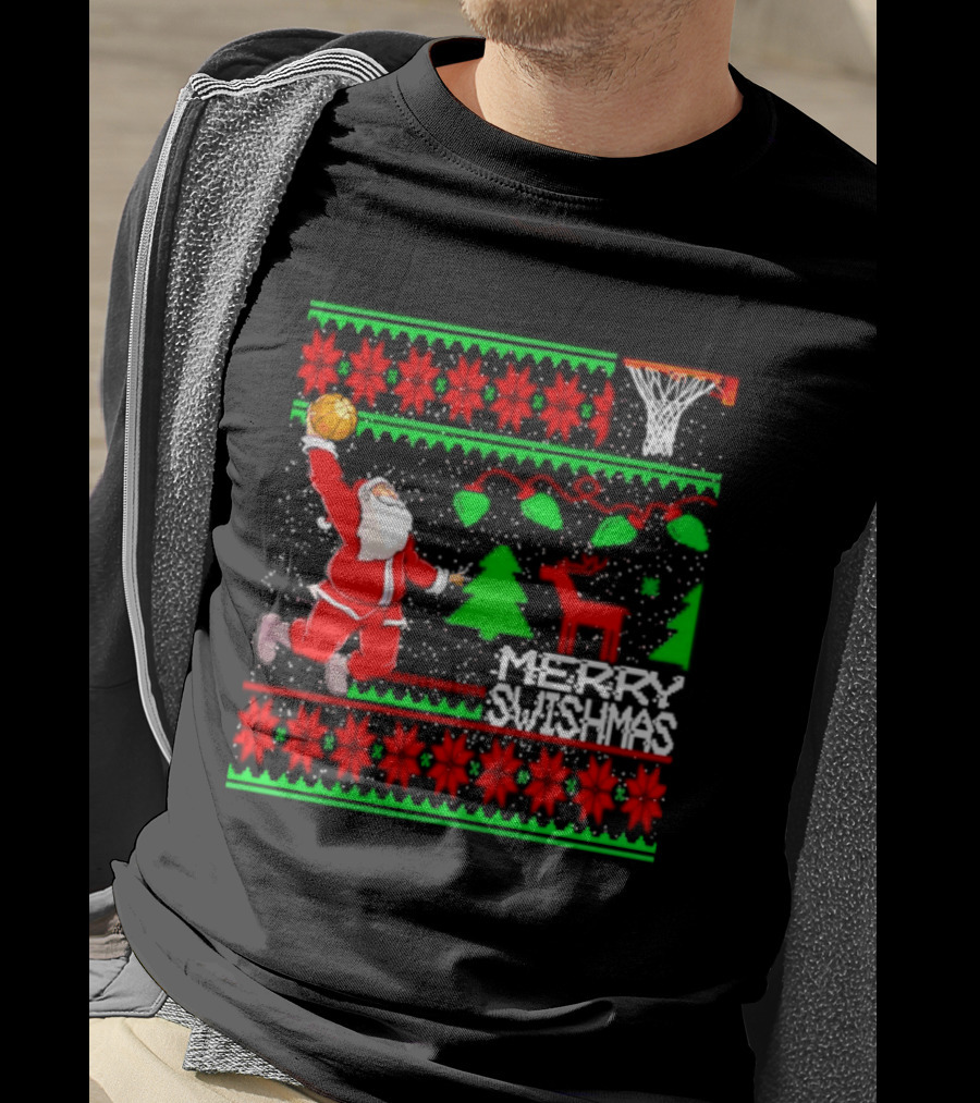 Santa Claus Dunking Basketball Ugly Christmas Sweater Merry Swishmas T-Shirt