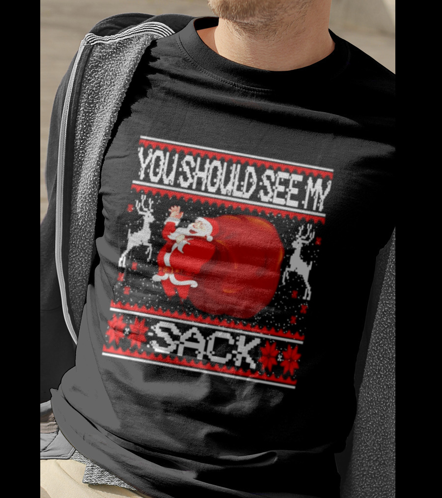 You Should See My Sack Santa Claus Ugly Christmas Reindeer Snowflakes T-Shirt