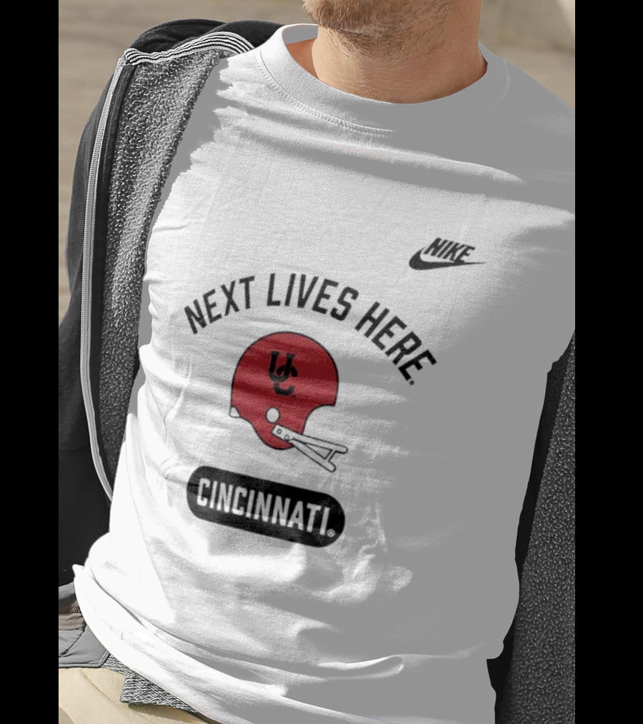 Next Lives Here Cincinnati UC Football Helmet Nike T-Shirt