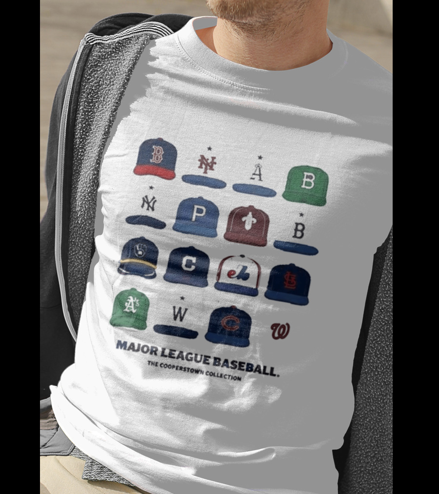 Major League Baseball Cooperstown Collection Cap Collage Featuring Historic Team Logos T-Shirt