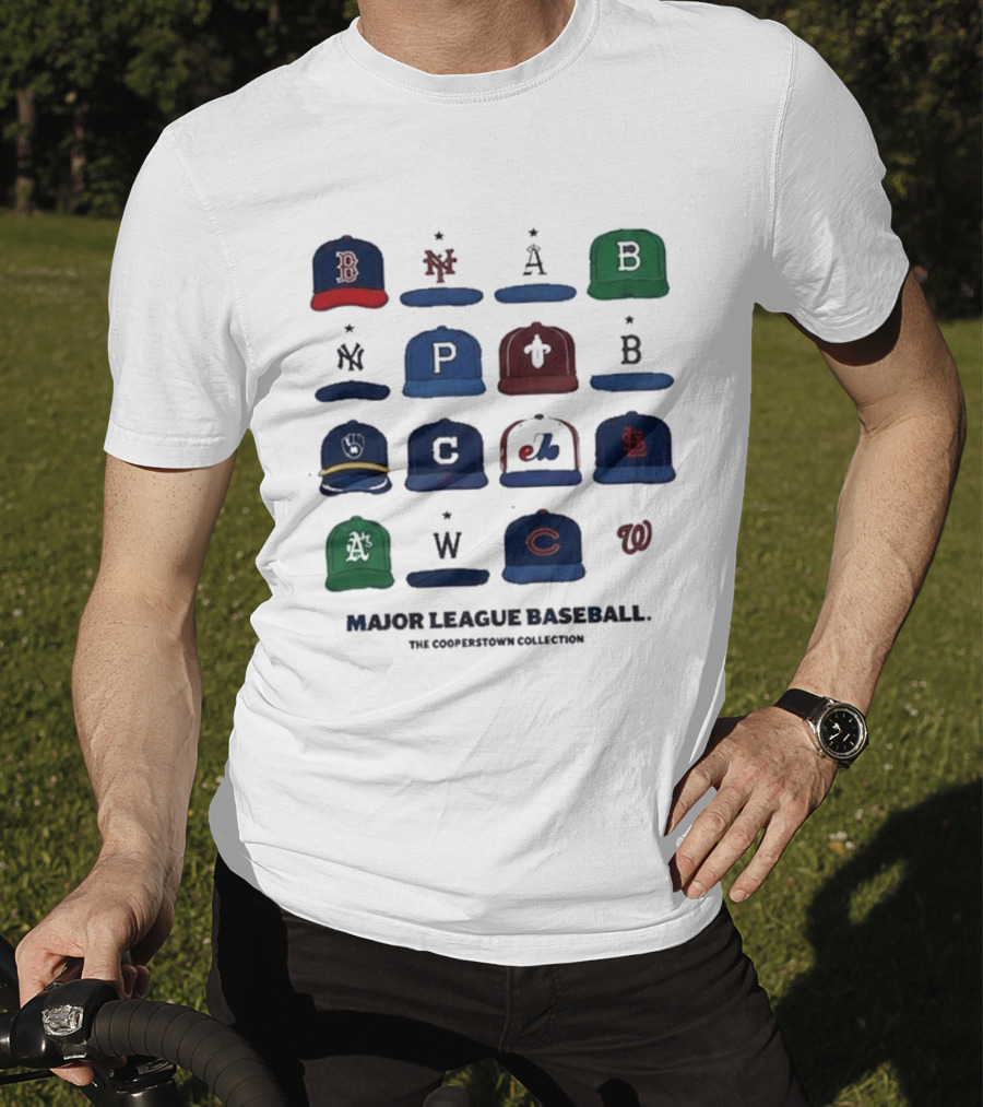Major League Baseball Cooperstown Collection Cap Collage Featuring Historic Team Logos T-Shirt
