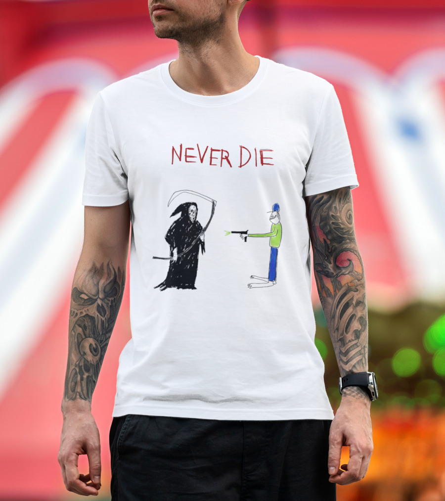 Never Die Grim Reaper Confronts Armed Man Drawing T-Shirt