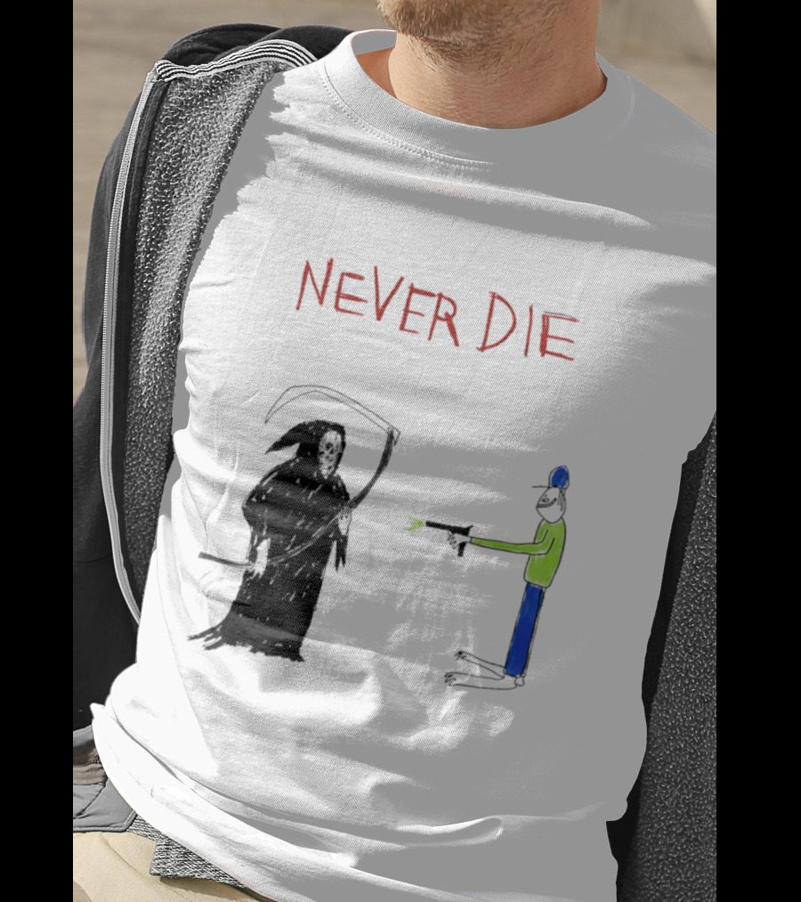 Never Die Grim Reaper Confronts Armed Man Drawing T-Shirt