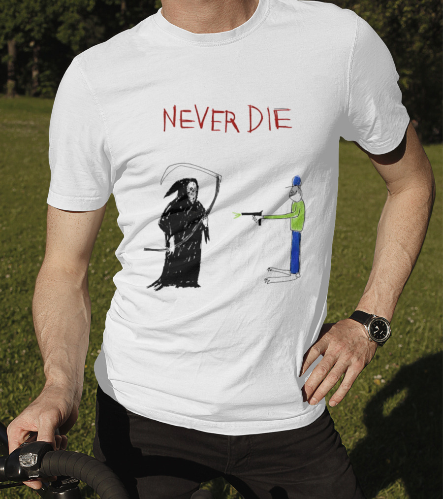 Never Die Grim Reaper Confronts Armed Man Drawing T-Shirt