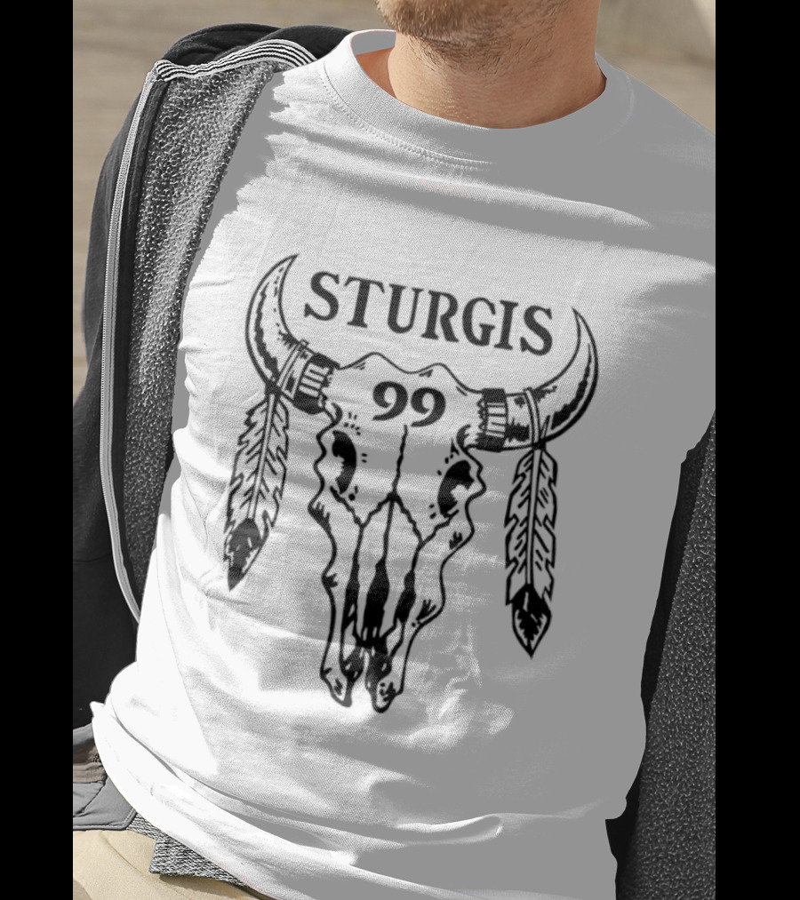 Sturgis 99 Bull Skull Western Biker Feathers T-Shirt