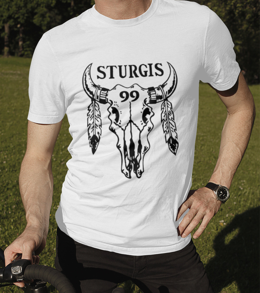 Sturgis 99 Bull Skull Western Biker Feathers T-Shirt