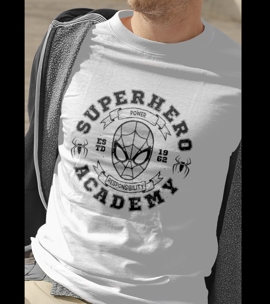 Superhero Academy Est 1962 Power Responsibility Alien Mask Spiders T-Shirt