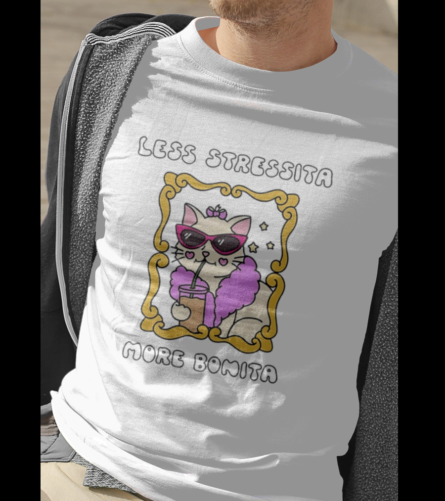 Less Stressita More Bonita Cat With Sunglasses And Drink Framed In Yellow Border T-Shirt