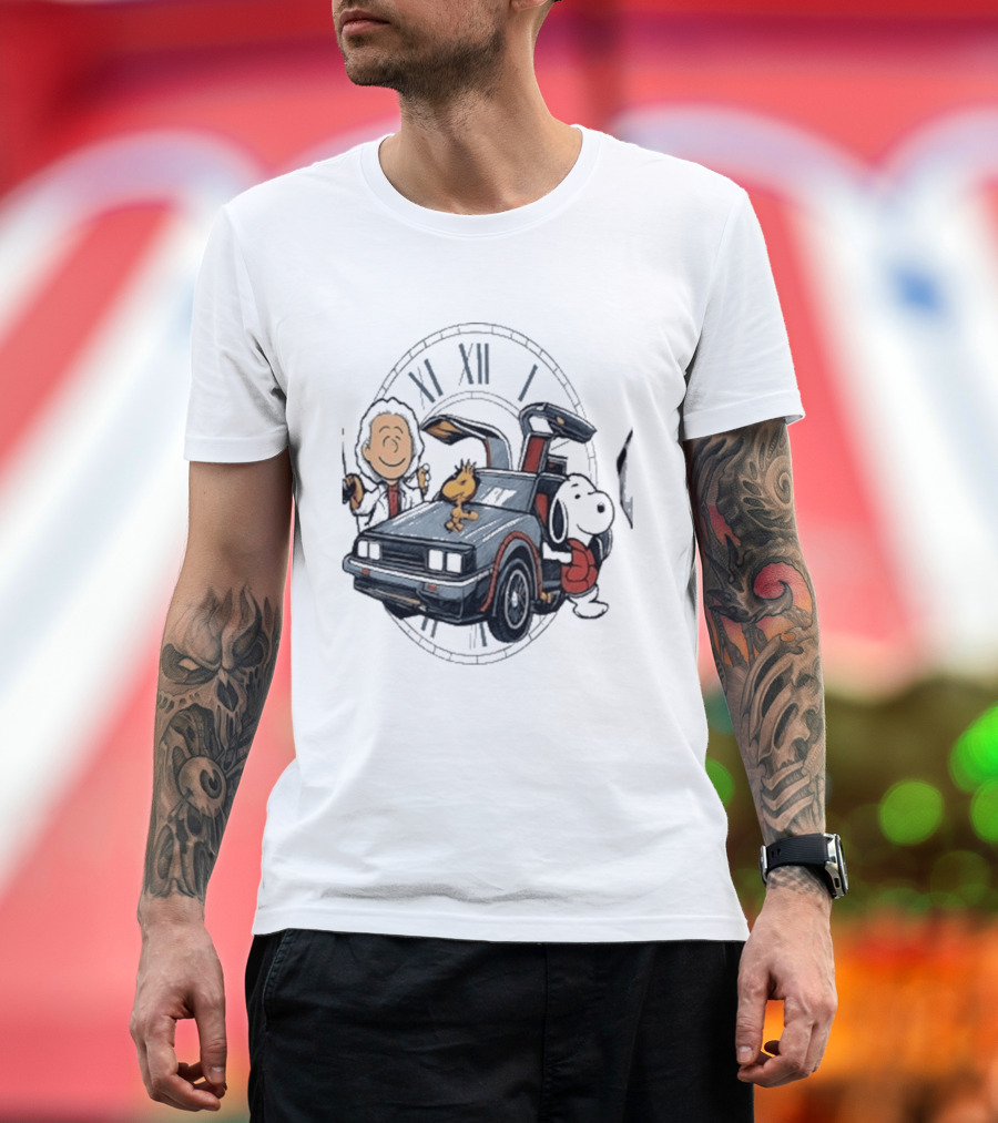 Peanuts Characters With DeLorean Time Machine And T-Shirt