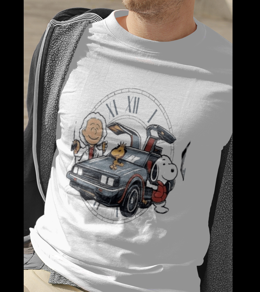 Peanuts Characters With DeLorean Time Machine And T-Shirt