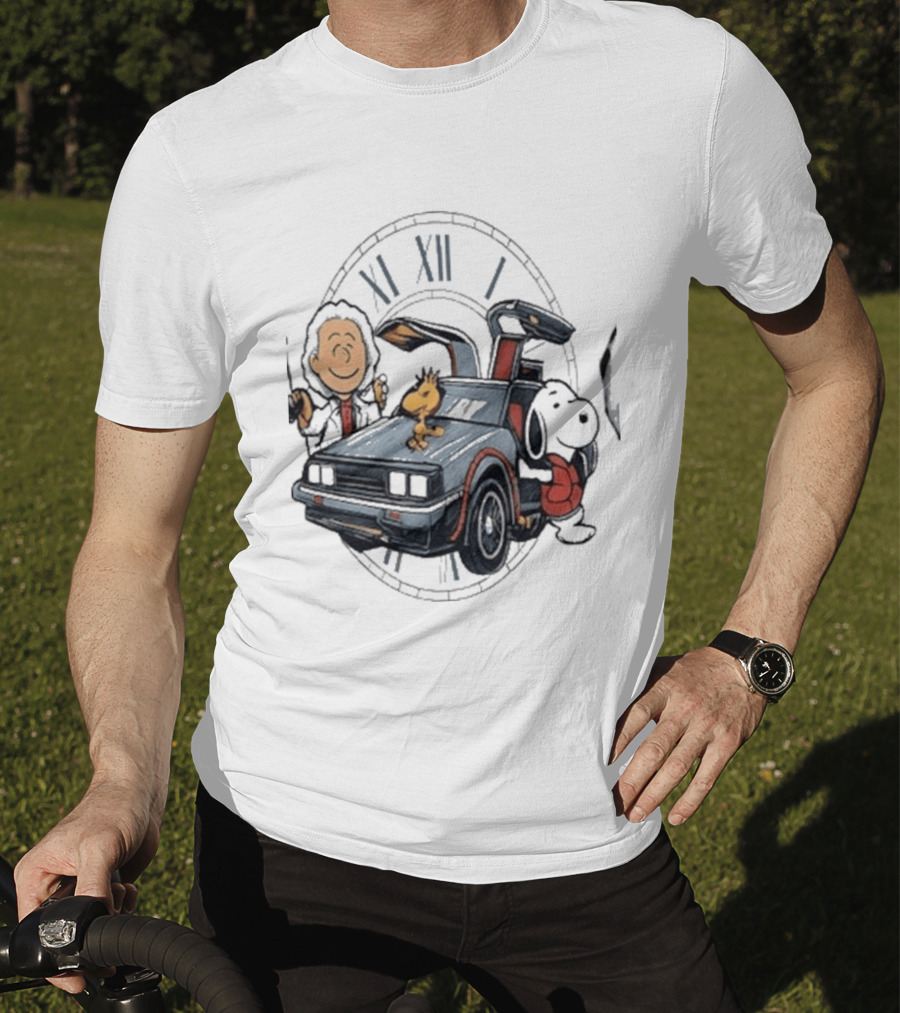 Peanuts Characters With DeLorean Time Machine And T-Shirt