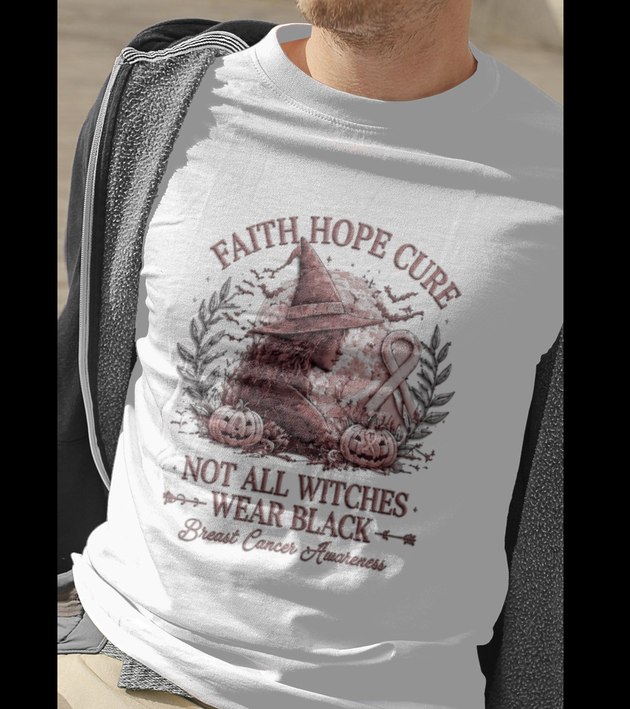 Faith Hope Cure Not All Witches Wear Black Breast Cancer Awareness Pumpkin Hat T-Shirt