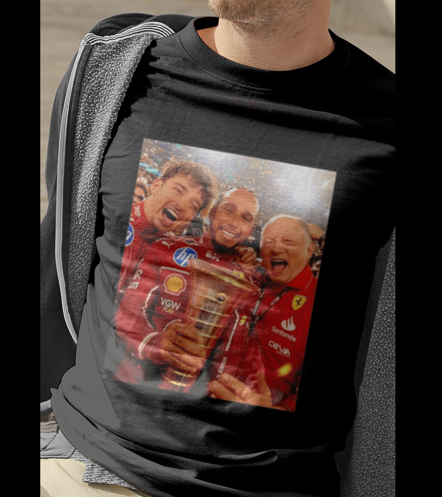 Charles Leclerc Lewis Hamilton Frederic Vasseur Ferrari Victory Celebration Trophy BP Shell Santander CEVA Racing T-Shirt
