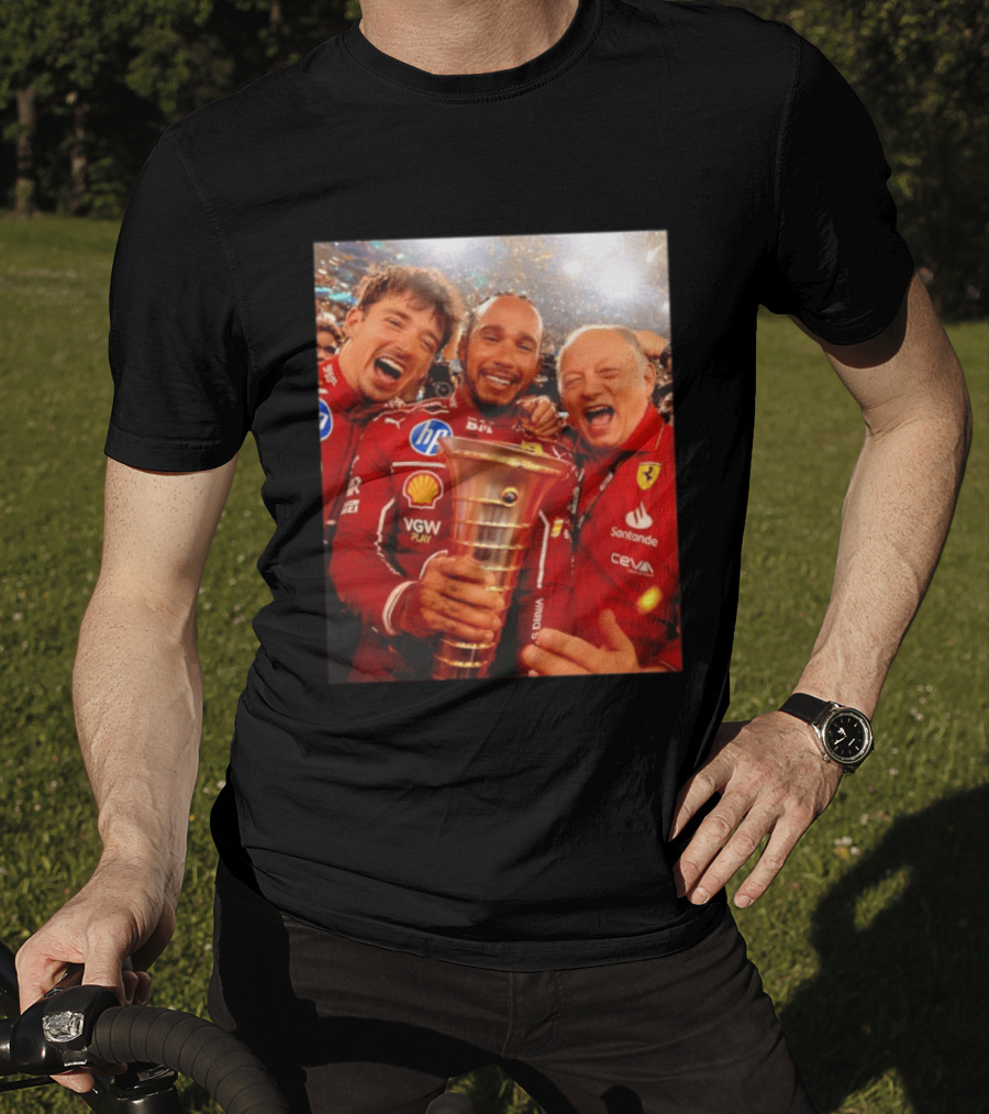 Charles Leclerc Lewis Hamilton Frederic Vasseur Ferrari Victory Celebration Trophy BP Shell Santander CEVA Racing T-Shirt