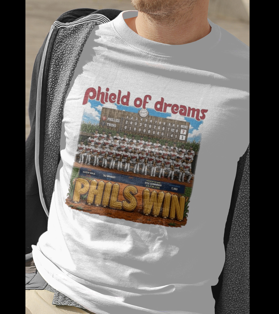 Phield Of Dreams Phillies Twins 7 1 Phils Win Scoreboard Aaron Nola Kyle Schwarber T-Shirt