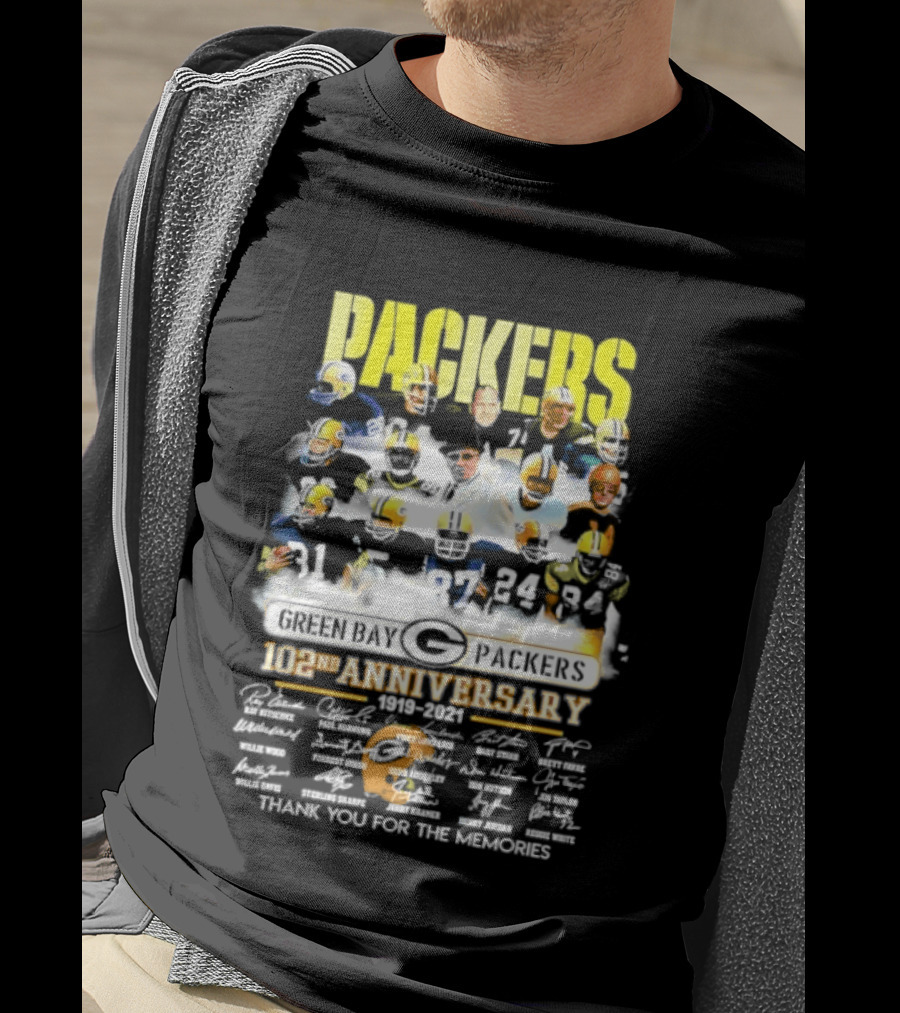 Green Bay Packers 102nd Anniversary 1919 2021 Thank You For The Memories Packers Legends Signatures Collection T-Shirt