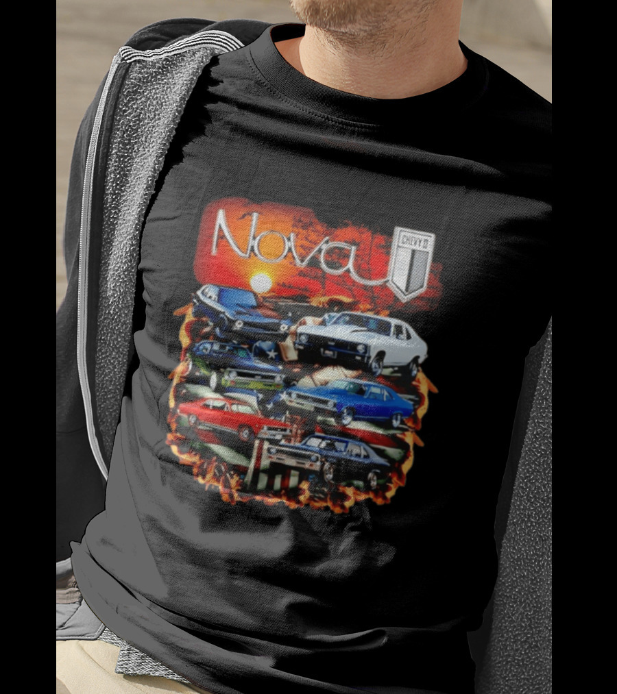 Nova Chevy II American Flag Muscle Car Collection Vintage Sunset T-Shirt