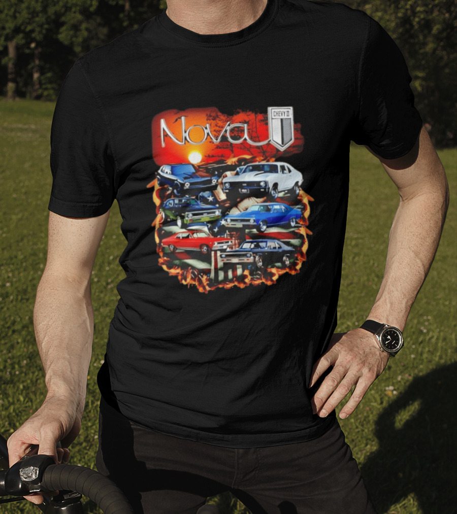 Nova Chevy II American Flag Muscle Car Collection Vintage Sunset T-Shirt