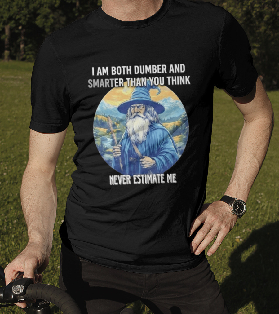 I Am Both Dumber And Smarter Than You Think Never Estimate Me Wizard Blue Robe And Hat Mountain T-Shirt